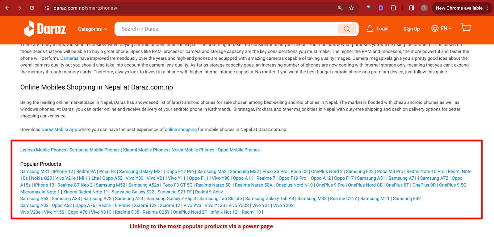 daraz internal linking to the most popular products through power pages
